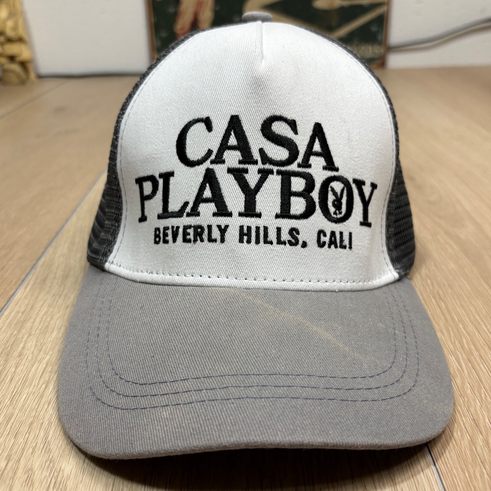 Playboy Casa Playboy Beverly Hills Trucker Hat Grey White Snapback Mesh Cap